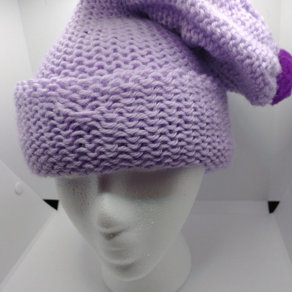 Hand Crafted Knit Unisex Hat Lavender Winter Warm Beanie Slouchy Ski Cap